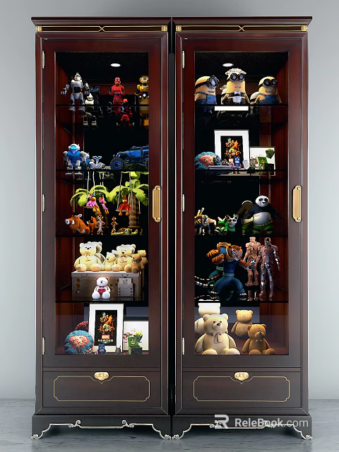 Display Cabinet Shelves With Teddy Bears Panda Dolls Robots Spider Toys And Photo Frames 3d model 