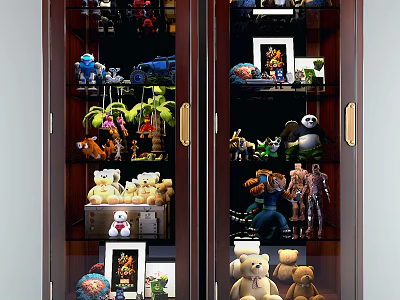 Display Cabinet Shelves With Teddy Bears Panda Dolls Robots Spider Toys And Photo Frames 3d model