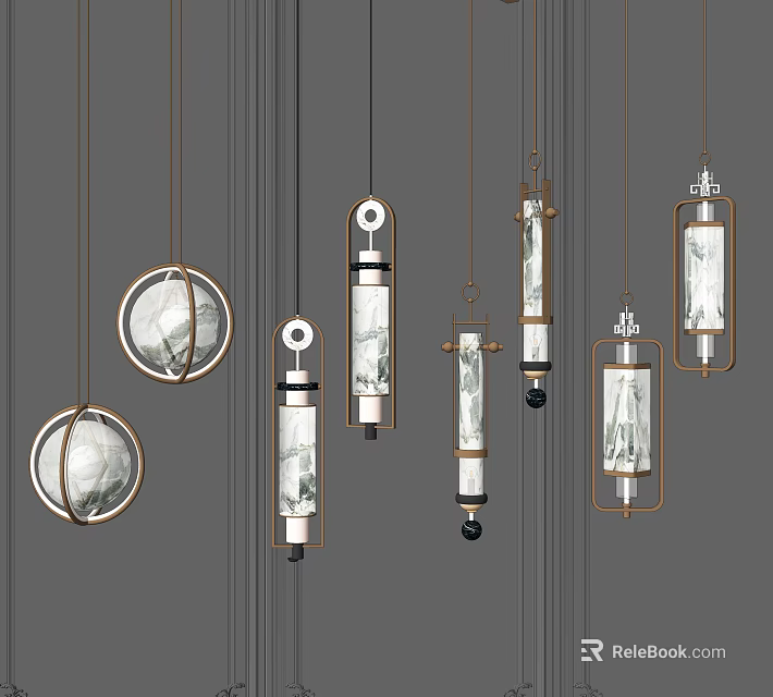Stylish Modern Chandeliers With Circular And Cylindrical Metal Frames And Marble Patterns 3d model