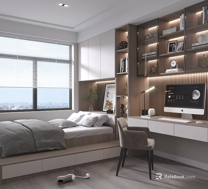 Tatami Bedroom Interior With Bed Built in Bookshelves Desk City View Window and Blinds 3d model 