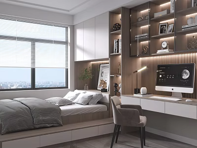 Tatami Bedroom Interior With Bed Built in Bookshelves Desk City View Window and Blinds 3d model