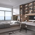 Tatami Bedroom Interior With Bed Built in Bookshelves Desk City View Window and Blinds