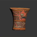 Ancient Carved Pottery Vase With Painted Human Figures And Geometric Patterns