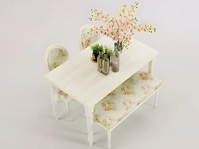 White Dining Table Set With Floral Padded Chairs Bench And Decorative Pink Blossoms 3d model