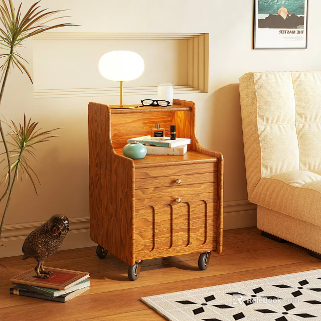 Wooden Nightstand with Wheels Drawer and Cabinet Featuring Table Lamp Glasses Books and Green Decor 3d model 