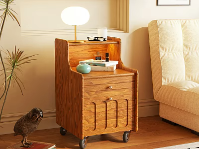 Wooden Nightstand with Wheels Drawer and Cabinet Featuring Table Lamp Glasses Books and Green Decor 3d model