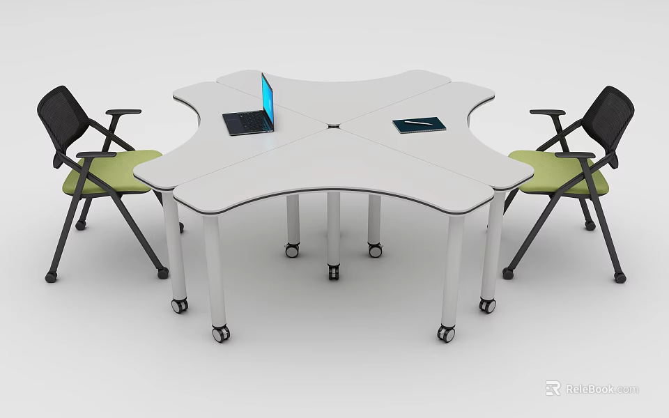 Modern Hexagonal Conference Table With White Legs Laptop Documents And Green Chairs 3d model