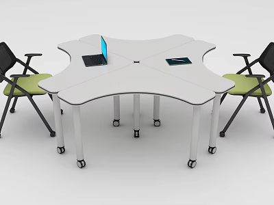 Modern Hexagonal Conference Table With White Legs Laptop Documents And Green Chairs 3d model