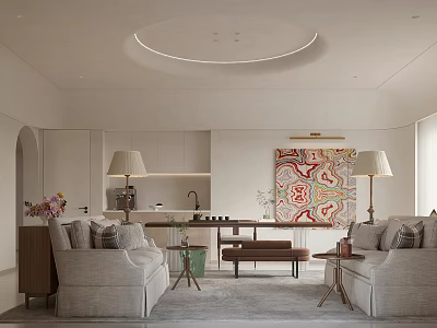 Modern Living Dining Room Interior With Sofas Dining Table Decorative Painting And Round Ceiling Light 3d model