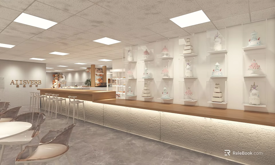 Modern Milk Tea Shop Interior With Wooden Bar Counter High Stools And Display Shelves 3d model 