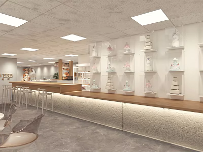 Modern Milk Tea Shop Interior With Wooden Bar Counter High Stools And Display Shelves 3d model