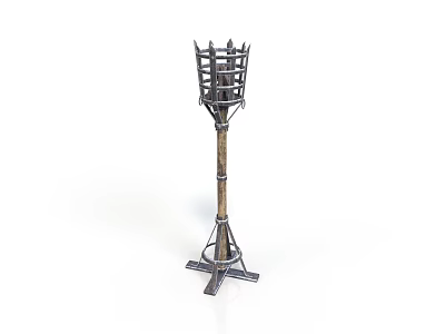 Medieval Metal Tower Structure With Grid Top And Cross Base Stand 3d model