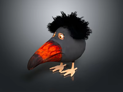 Cartoon Bird With Fluffy Black Hair Orange Beak Yellow Eyes And Claws 3d model
