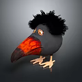 Cartoon Bird With Fluffy Black Hair Orange Beak Yellow Eyes And Claws