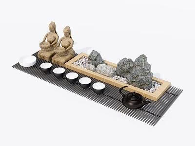Zen Style Tea Set with Stone Statues Teapot Four Teacups Wooden Tray on Bamboo Mat 3d model