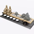 Zen Style Tea Set with Stone Statues Teapot Four Teacups Wooden Tray on Bamboo Mat