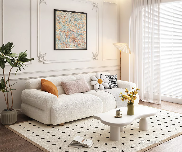 Minimalist White Plush Sofa And Coffee Table Set With Flower Cushions Abstract Painting 3d model 
