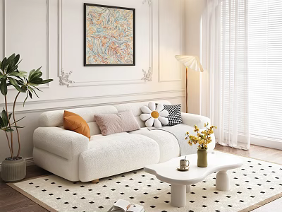 Minimalist White Plush Sofa And Coffee Table Set With Flower Cushions Abstract Painting 3d model