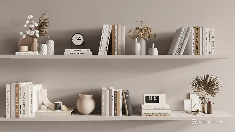 Stylish Decorative Ornament Combination With Books Clocks Vases And Dried Flowers On Shelves 3d model 
