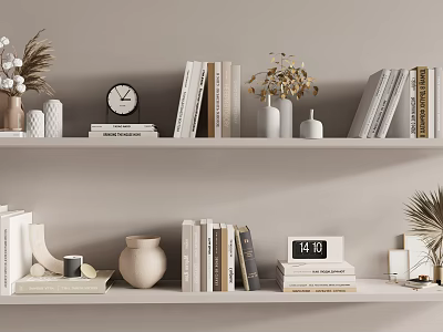 Stylish Decorative Ornament Combination With Books Clocks Vases And Dried Flowers On Shelves 3d model