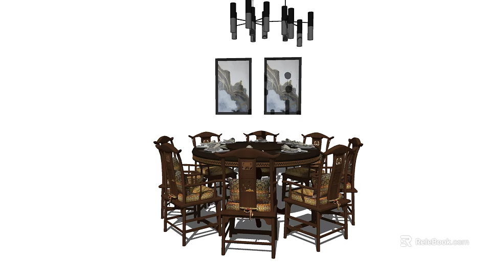 Traditional Chinese Dining Table Set With Wooden Chairs Hanging Chandelier And Decorative Wall Paintings 3d model 