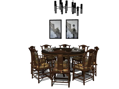 Traditional Chinese Dining Table Set With Wooden Chairs Hanging Chandelier And Decorative Wall Paintings 3d model