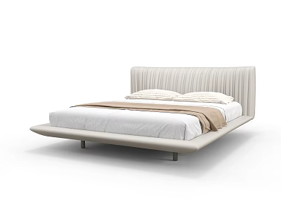 Modern Minimalist Double Bed With Striped Headboard Light Frame White Sheet And Brown Blanket 3d model