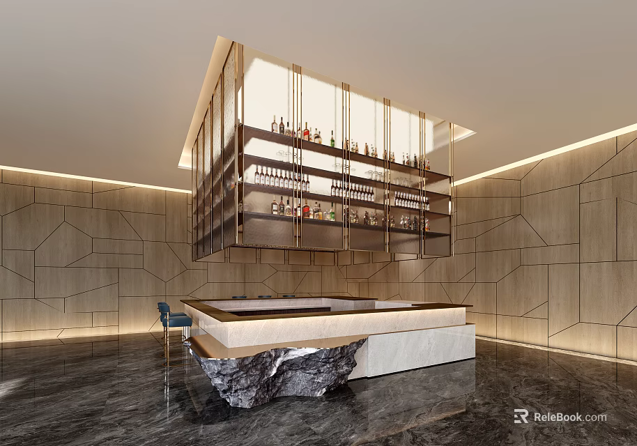 Modern Bar Interior Design With Suspended Wine Racks Marble Countertop And Geometric Patterned Walls 3d model 