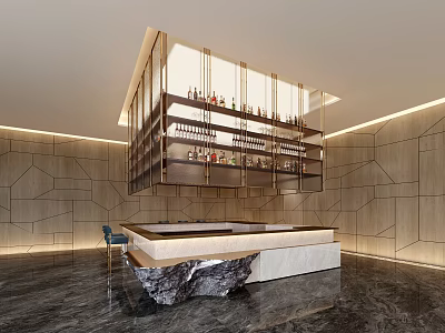 Modern Bar Interior Design With Suspended Wine Racks Marble Countertop And Geometric Patterned Walls 3d model
