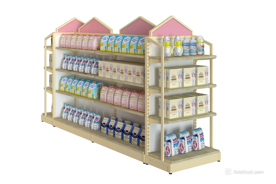 Retail Mall Counter Display With Decorative Multi Layer Shelves Stocked With Products 3d model 