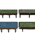 Sports Equipment Billiard Tables With Green Blue Tabletops Balls Cues And Various Designs