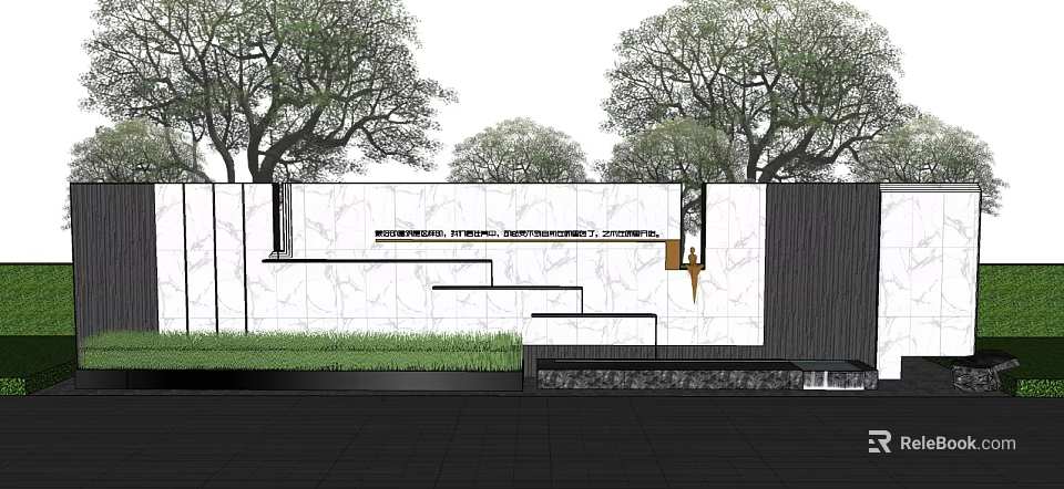Modern Outdoor Feature Wall With Stone Texture Green Lawn And Surrounding Trees 3d model 