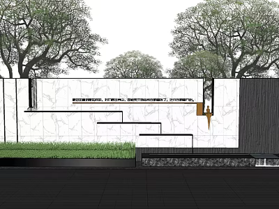 Modern Outdoor Feature Wall With Stone Texture Green Lawn And Surrounding Trees 3d model