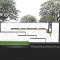 Modern Outdoor Feature Wall With Stone Texture Green Lawn And Surrounding Trees
