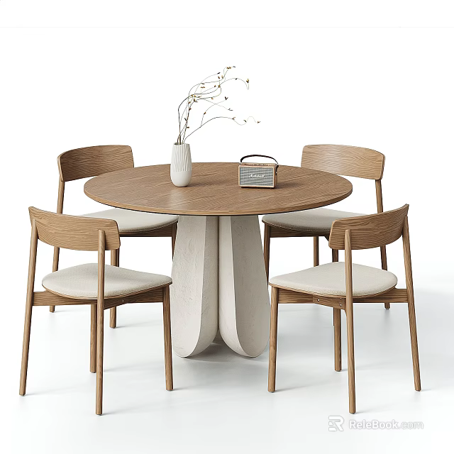 Round Wooden Dining Table with Four Chairs Light Colored Cushions and White Vase Dried Branches 3d model 