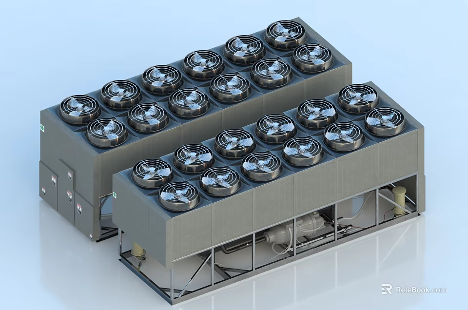 Large Scale Industrial Cooling Equipment With Multiple Fans And Two Units Gray Structure 3d model