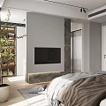 Contemporary Bedroom Interior Design With Soft Headboard Bed Pillows Blanket White Wardrobe Round Stool And Green Plant