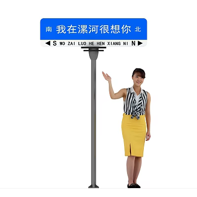 Traffic Sign with South North Directions and Message I Am in Luohe and Miss You 3d model