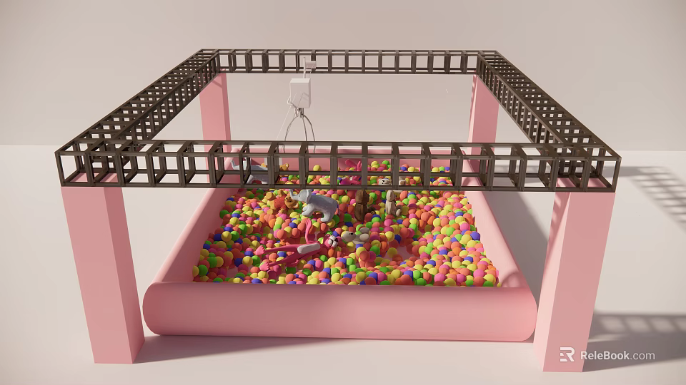 Colorful Ball Pit Playground Equipment With Pink Structure Black Frame And Hanging Seat 3d model 