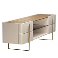 Beige TV Stand With Wooden Top Gold Metal Legs And Open Shelf Drawers