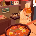 Cartoon Japanese Food Stall Scene With Red Roof Chef Hanging Lanterns Cloud Pattern And Signboard