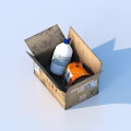 Household Items Including White Bottle With Blue Cap And Orange Can In Open Box