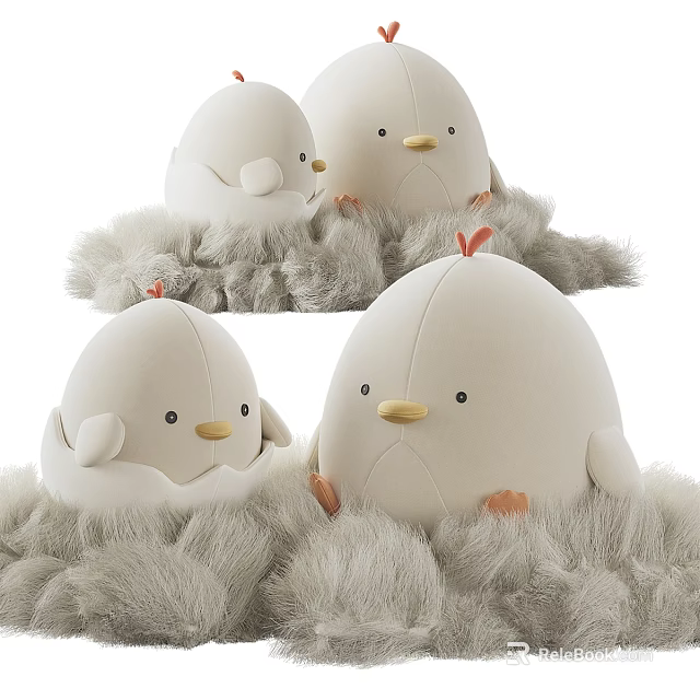Cute Chicken Plush Toys In Diverse Forms On Fluffy Material 3d model