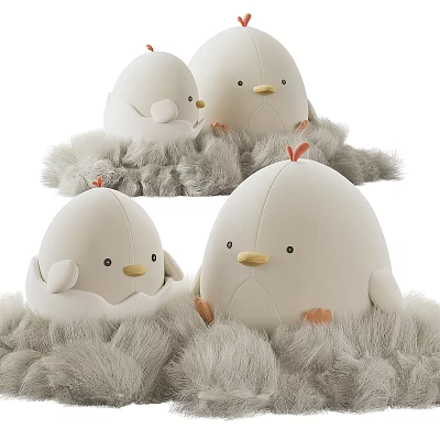 Cute Chicken Plush Toys In Diverse Forms On Fluffy Material 3d model