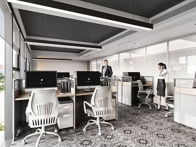 Modern Open Office Interior With Desks Computers Employees Windows And Carpet 3d model