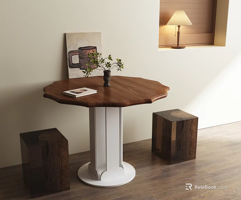 Elegant Dining Table Set Featuring Octagonal Wooden Top White Pedestal Square Stools And Decorative Plants 3d model 