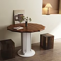 Elegant Dining Table Set Featuring Octagonal Wooden Top White Pedestal Square Stools And Decorative Plants