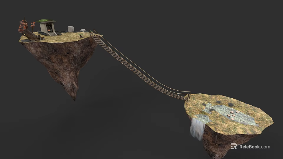 Micro Terrain with Floating Rock Platforms Wooden Bridge Small House Spherical Objects Waterfall and Stones 3d model 