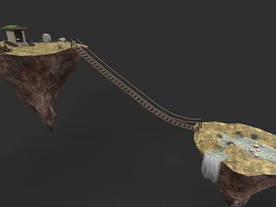 Micro Terrain with Floating Rock Platforms Wooden Bridge Small House Spherical Objects Waterfall and Stones 3d model