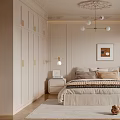 Minimalist Modern Bedroom Interior With Beige Tones Built-in Wardrobes Bedside Tables Chandelier And Window Seat